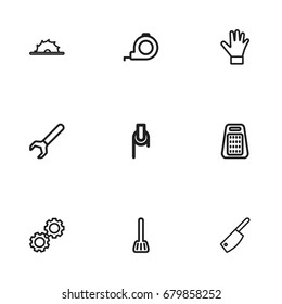 Set Of 9 Editable Tools Outline Icons. Includes Symbols Such As Grater, Spanner, Butcher Knife And More. Can Be Used For Web, Mobile, UI And Infographic Design.