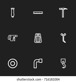 Set Of 9 Editable Tools Outline Icons. Includes Symbols Such As Winch, Wheel Wrench, Medical Shear And More. Can Be Used For Web, Mobile, UI And Infographic Design.