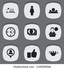 Set of 9 editable trade icons. Includes symbols such as businesswoman, good quality, speech and more. Can be used for web, mobile, UI and infographic design.