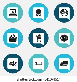 Set Of 9 Editable Trade Icons. Includes Symbols Such As Delivery, Label, Discount Tag And More. Can Be Used For Web, Mobile, UI And Infographic Design.