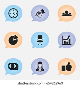 Set Of 9 Editable Trade Icons. Includes Symbols Such As Clock, Rally, Ergonomic Seat And More. Can Be Used For Web, Mobile, UI And Infographic Design.