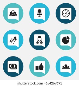 Set Of 9 Editable Trade Icons. Includes Symbols Such As Like, Circle Diagram, Businesswoman And More. Can Be Used For Web, Mobile, UI And Infographic Design.