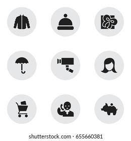 Set Of 9 Editable Trade Icons. Includes Symbols Such As Speech, Headgear, Sweater And More. Can Be Used For Web, Mobile, UI And Infographic Design.