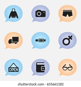 Set Of 9 Editable Trade Icons. Includes Symbols Such As Swimming Trunks, Delivery, Spectacles And More. Can Be Used For Web, Mobile, UI And Infographic Design.