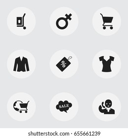 Set Of 9 Editable Trade Icons. Includes Symbols Such As Vest, Freight Delivery, Badge And More. Can Be Used For Web, Mobile, UI And Infographic Design.