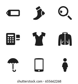 Set Of 9 Editable Trade Icons. Includes Symbols Such As Vest, Cellphone, Hosiery And More. Can Be Used For Web, Mobile, UI And Infographic Design.
