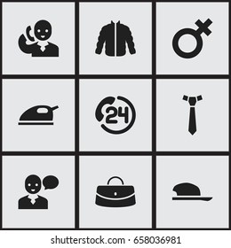 Set Of 9 Editable Trade Icons. Includes Symbols Such As Bonnet, Woman Symbol, Reticule And More. Can Be Used For Web, Mobile, UI And Infographic Design.