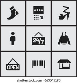 Set Of 9 Editable Trade Icons. Includes Symbols Such As Cothurnus, Open Everyday, Pullover And More. Can Be Used For Web, Mobile, UI And Infographic Design.