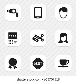 Set Of 9 Editable Trade Icons. Includes Symbols Such As Blow Dryer, Cellphone, Automatic Teller Machine And More. Can Be Used For Web, Mobile, UI And Infographic Design.