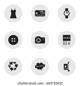 Set Of 9 Editable Trade Icons. Includes Symbols Such As Credit Card, Automatic Teller Machine, Clock And More. Can Be Used For Web, Mobile, UI And Infographic Design.