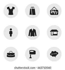Set Of 9 Editable Trade Icons. Includes Symbols Such As Cloud With Text, Grocery, Cardigan And More. Can Be Used For Web, Mobile, UI And Infographic Design.