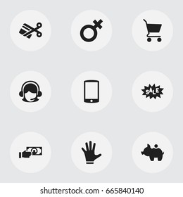 Set Of 9 Editable Trade Icons. Includes Symbols Such As Fingers, Discount Tag, Cash Collecting And More. Can Be Used For Web, Mobile, UI And Infographic Design.