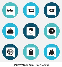 Set Of 9 Editable Trade Icons. Includes Symbols Such As Discount Tag, Wallet, Sewing And More. Can Be Used For Web, Mobile, UI And Infographic Design.