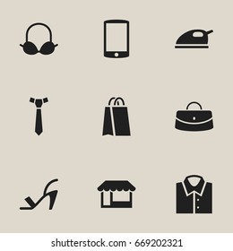 Set Of 9 Editable Trade Icons. Includes Symbols Such As Grocery, Cellphone, Package And More. Can Be Used For Web, Mobile, UI And Infographic Design.