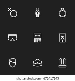 Set Of 9 Editable Trade Icons. Includes Symbols Such As Jewel, Men Face, Online Trade And More. Can Be Used For Web, Mobile, UI And Infographic Design.