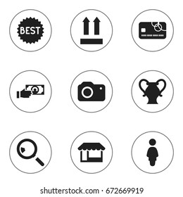 Set Of 9 Editable Trade Icons. Includes Symbols Such As Badge, Photographing, Amphora And More. Can Be Used For Web, Mobile, UI And Infographic Design.