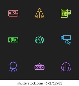 Set Of 9 Editable Trade Icons. Includes Symbols Such As Reward, Open, Cardigan And More. Can Be Used For Web, Mobile, UI And Infographic Design.