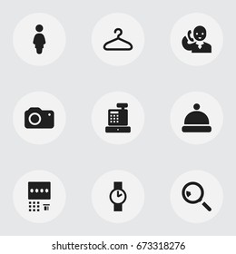 Set Of 9 Editable Trade Icons. Includes Symbols Such As Headgear, Speech, Suspender And More. Can Be Used For Web, Mobile, UI And Infographic Design.