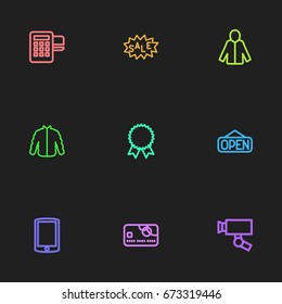 Set Of 9 Editable Trade Icons. Includes Symbols Such As Cardigan, Sale Label, Card Reader And More. Can Be Used For Web, Mobile, UI And Infographic Design.