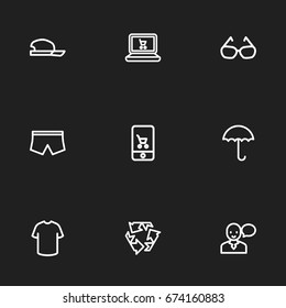 Set Of 9 Editable Trade Icons. Includes Symbols Such As Glasses, Online Trade, Online Shopping And More. Can Be Used For Web, Mobile, UI And Infographic Design.