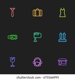 Set Of 9 Editable Trade Icons. Includes Symbols Such As Belt, Operator, Hand Mixer. Can Be Used For Web, Mobile, UI And Infographic Design.