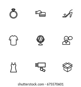 Set Of 9 Editable Trade Icons. Includes Symbols Such As Dress, Box Clear, Surveillance And More. Can Be Used For Web, Mobile, UI And Infographic Design.