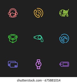 Set Of 9 Editable Trade Icons. Includes Symbols Such As Globe Cart, Tag, Wristwatch And More. Can Be Used For Web, Mobile, UI And Infographic Design.