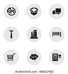 Set Of 9 Editable Trade Icons. Includes Symbols Such As Device, Necktie, Backing Call And More. Can Be Used For Web, Mobile, UI And Infographic Design.