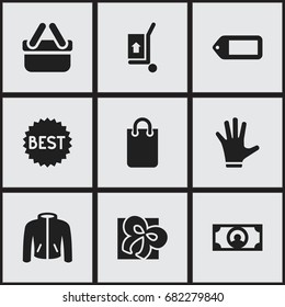 Set Of 9 Editable Trade Icons. Includes Symbols Such As Shopping Case, Fingers, Label And More. Can Be Used For Web, Mobile, UI And Infographic Design.