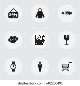 Set Of 9 Editable Trade Icons. Includes Symbols Such As Open Everyday, Pushcart, Identification And More. Can Be Used For Web, Mobile, UI And Infographic Design.