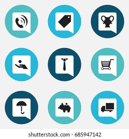 Set Of 9 Editable Trade Icons. Includes Symbols Such As Necktie, Delivery And More. Can Be Used For Web, Mobile, UI And Infographic Design.