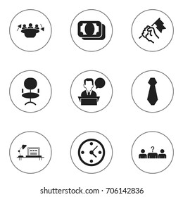 Set Of 9 Editable Trade Icons. Includes Symbols Such As Rally, Talking Man, Meeting And More. Can Be Used For Web, Mobile, UI And Infographic Design.