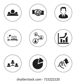 Set Of 9 Editable Trade Icons. Includes Symbols Such As Staff Structure, Partnership, Rally And More. Can Be Used For Web, Mobile, UI And Infographic Design.