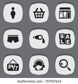 Set Of 9 Editable Trade Icons. Includes Symbols Such As Store, Open Everyday, Research And More. Can Be Used For Web, Mobile, UI And Infographic Design.