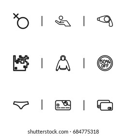 Set Of 9 Editable Trade Outline Icons. Includes Symbols Such As Debit Card, 50 Sale, Hoodie And More. Can Be Used For Web, Mobile, UI And Infographic Design.