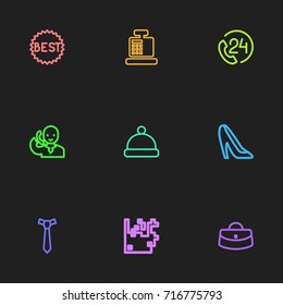 Set Of 9 Editable Trade Outline Icons. Includes Symbols Such As Woman Bag, Best Sale, Talking On Phone And More. Can Be Used For Web, Mobile, UI And Infographic Design.