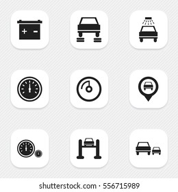 Set Of 9 Editable Traffic Icons. Includes Symbols Such As Speed Display, Car Lave, Accumulator And More. Can Be Used For Web, Mobile, UI And Infographic Design.