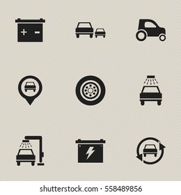 Set Of 9 Editable Traffic Icons. Includes Symbols Such As Race, Battery, Car Lave And More. Can Be Used For Web, Mobile, UI And Infographic Design.