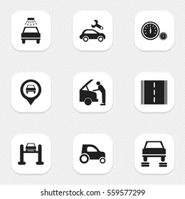 Set Of 9 Editable Traffic Icons. Includes Symbols Such As Auto Service, Pointer, Car Lave And More. Can Be Used For Web, Mobile, UI And Infographic Design.