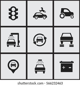 Set Of 9 Editable Traffic Icons. Includes Symbols Such As Stoplight, Vehicle Car, Pointer And More. Can Be Used For Web, Mobile, UI And Infographic Design.