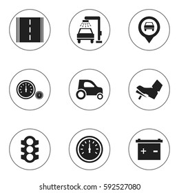 Set Of 9 Editable Traffic Icons. Includes Symbols Such As Vehicle Wash, Speed Control, Pointer And More. Can Be Used For Web, Mobile, UI And Infographic Design.
