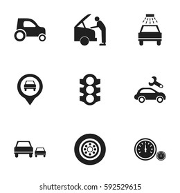 Set Of 9 Editable Traffic Icons. Includes Symbols Such As Speedometer, Race, Pointer And More. Can Be Used For Web, Mobile, UI And Infographic Design.