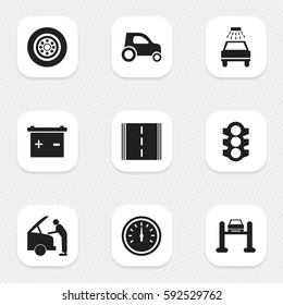 Set Of 9 Editable Traffic Icons. Includes Symbols Such As Accumulator, Auto Service, Tire And More. Can Be Used For Web, Mobile, UI And Infographic Design.