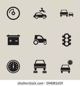 Set Of 9 Editable Traffic Icons. Includes Symbols Such As Speed Control, Vehicle Car, Automotive Fix And More. Can Be Used For Web, Mobile, UI And Infographic Design.