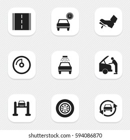 Set Of 9 Editable Traffic Icons. Includes Symbols Such As Speed Display, Automobile, Car Fixing And More. Can Be Used For Web, Mobile, UI And Infographic Design.