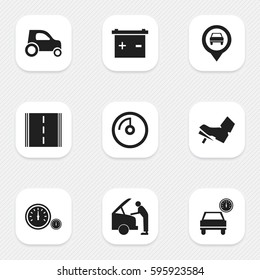 Set Of 9 Editable Traffic Icons. Includes Symbols Such As Vehicle Car, Speed Display, Speedometer And More. Can Be Used For Web, Mobile, UI And Infographic Design.