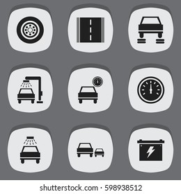 Set Of 9 Editable Traffic Icons. Includes Symbols Such As Highway, Race, Car Lave And More. Can Be Used For Web, Mobile, UI And Infographic Design.