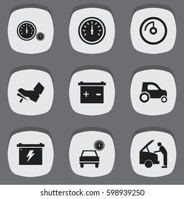 Set Of 9 Editable Traffic Icons. Includes Symbols Such As Accumulator, Speed Display, Speedometer And More. Can Be Used For Web, Mobile, UI And Infographic Design.