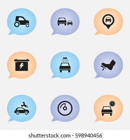 Set Of 9 Editable Traffic Icons. Includes Symbols Such As Battery, Automobile, Car Lave And More. Can Be Used For Web, Mobile, UI And Infographic Design.