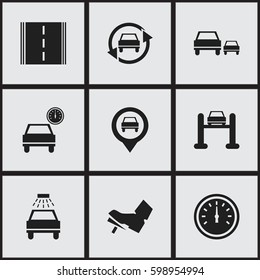 Set Of 9 Editable Traffic Icons. Includes Symbols Such As Treadle, Speed Control, Highway And More. Can Be Used For Web, Mobile, UI And Infographic Design.